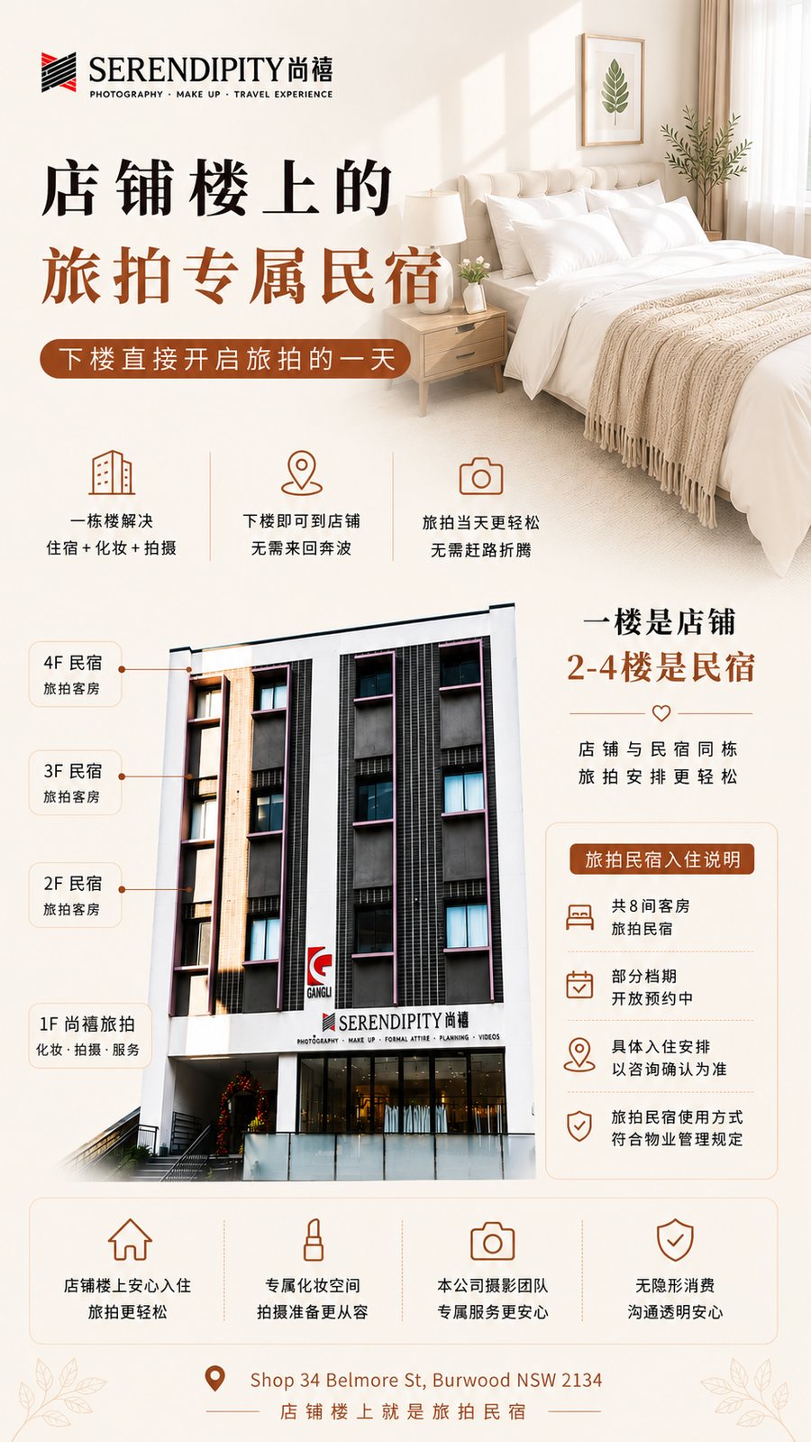 店铺楼上的旅拍专属民宿，一楼店铺、2-4楼民宿