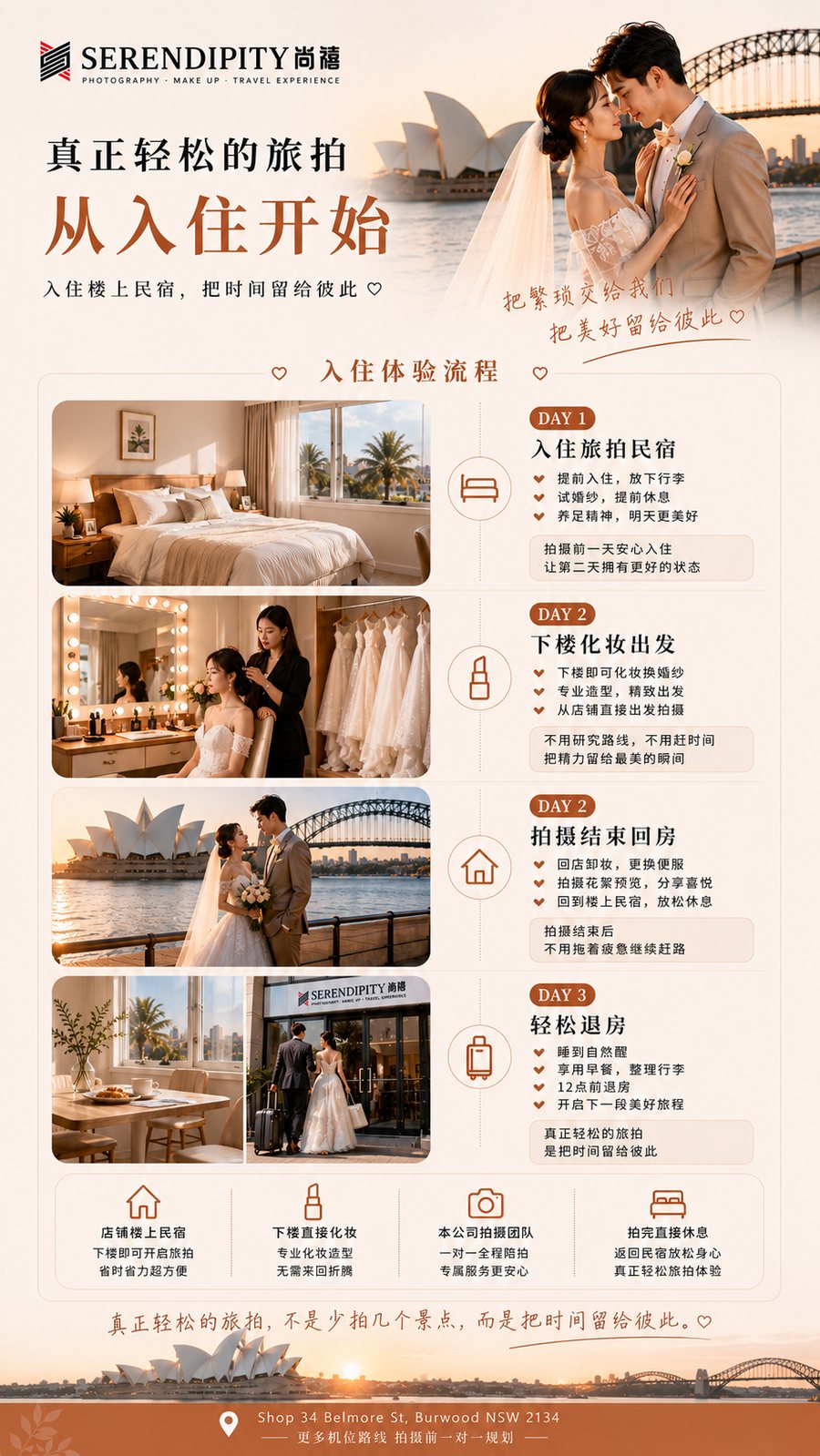 入住体验流程 DAY1 入住、下楼化妆出发、拍摄结束回房、轻松退房